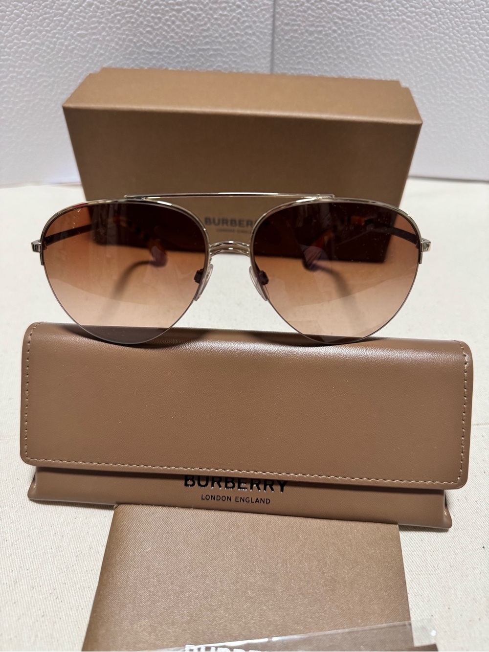 Burberry Gold Metal Aviator Sunglasses with Brown Gradient Lenses